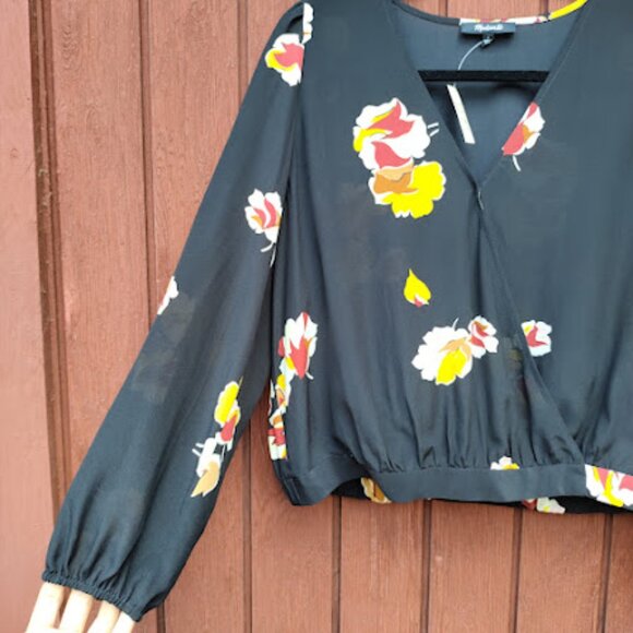 MADEWELL | NWT Black Silk Wrap Top Gallery Floral Long Balloon Sleeve Blouse M - Picture 5 of 16